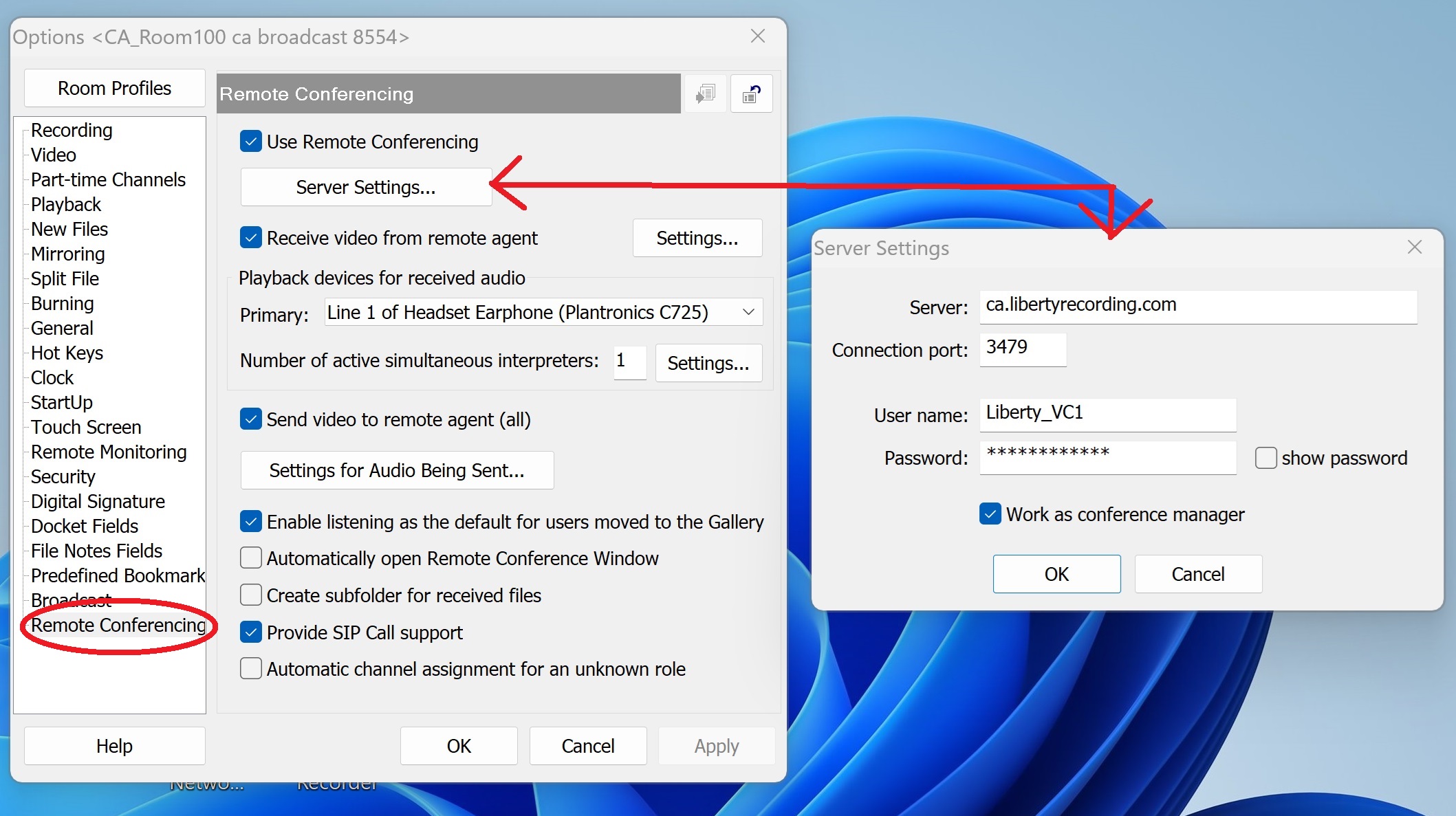 Remote Conference settings in the Recorder.