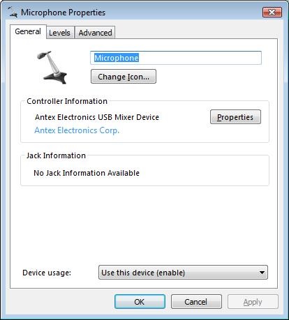 Windows Control Panel for Antex Mixer