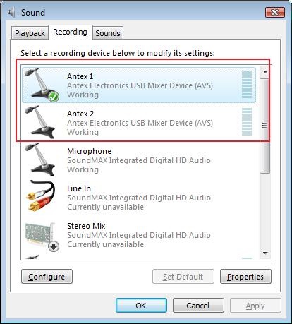 Windows Control Panel for Antex Mixer