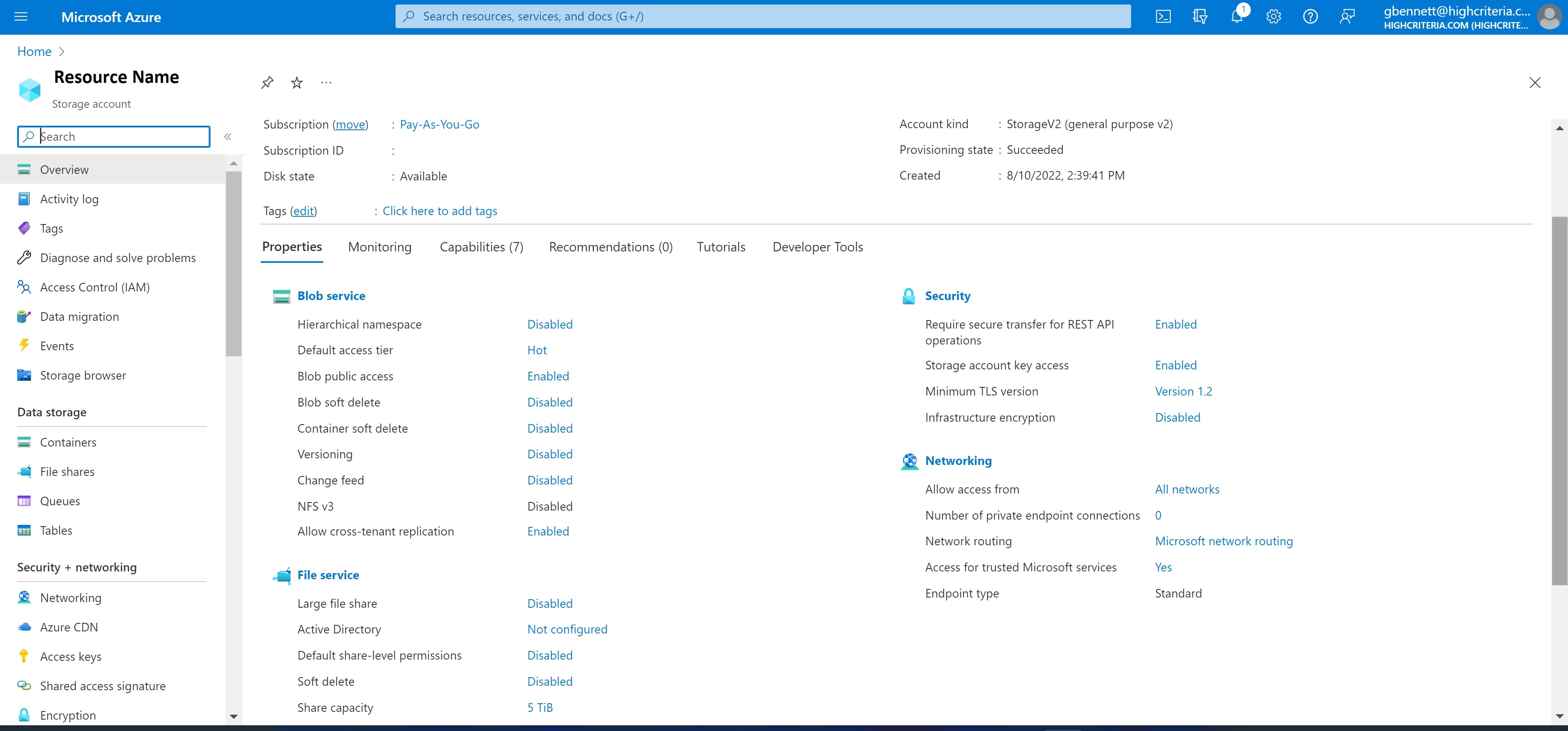 Azure Storage Resource Properties