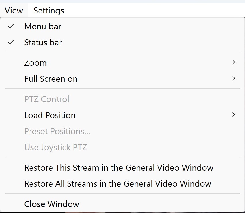 Video Window View Menu