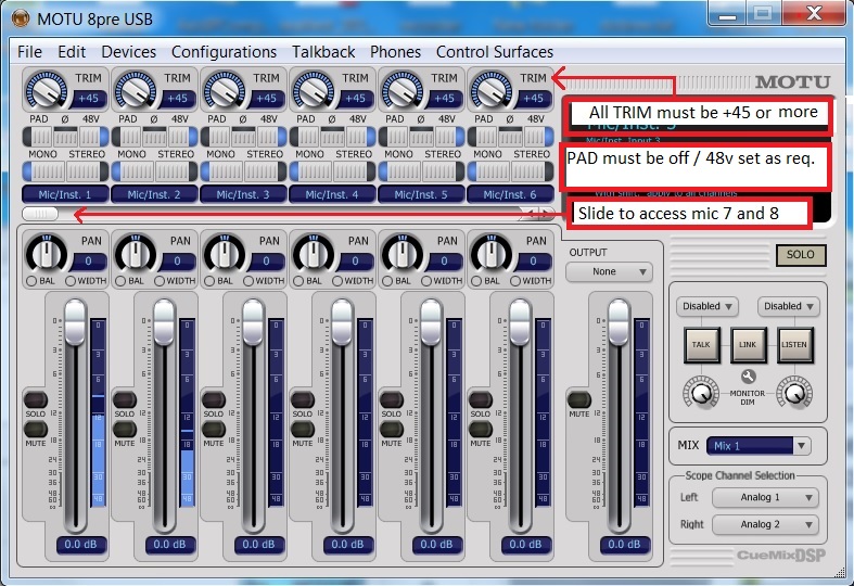 Motu Driver CueMix FX Dialog